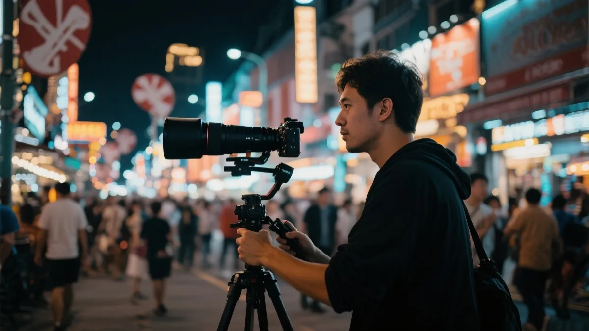 创作者使用长焦相机与稳定器在球场外围拍摄人群氛围，电影感夜景