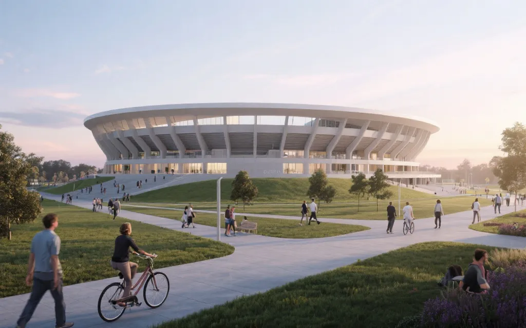 绿色改造后的体育场馆，周边与公共交通和街区空间自然连接