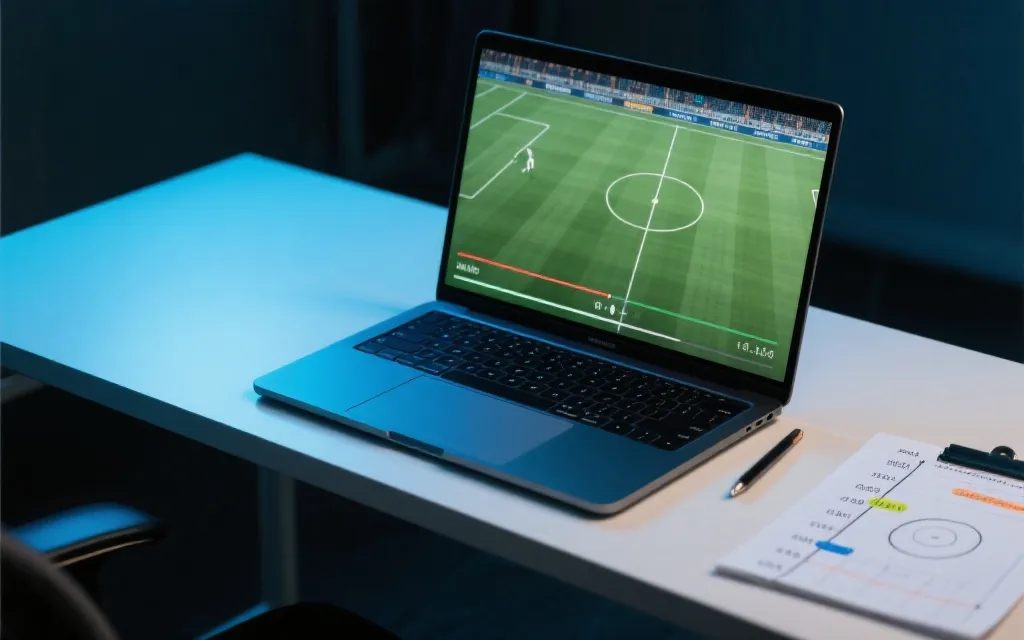 桌面上打开比赛回放与战术笔记的场景,时间轴与球场示意图